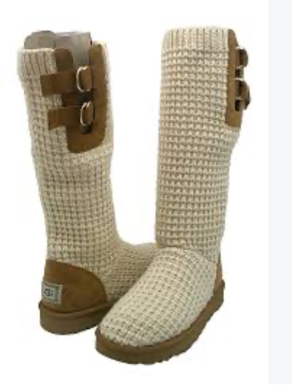 UGG Cream Knit Tall Heeled Boots with Chestnut Suede Trim